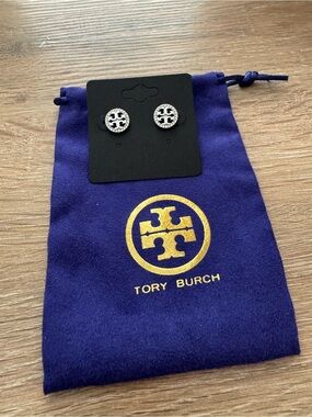 New - Tory Burch Silver Logo Miller Pave Stud Earrings